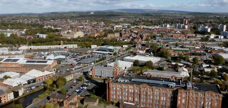 Aerial footage of Wigan Park being processed